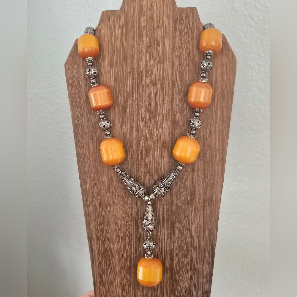 Antique Middle Eastern Bakelite Sterling Silver Lariat Statement Necklace 18"